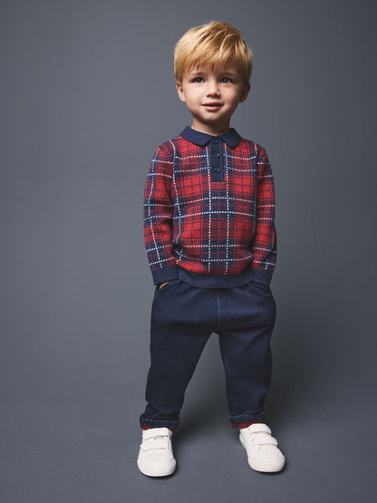 Red Popper Neck Check Polo Shirt (3mths-7yrs) - image 2