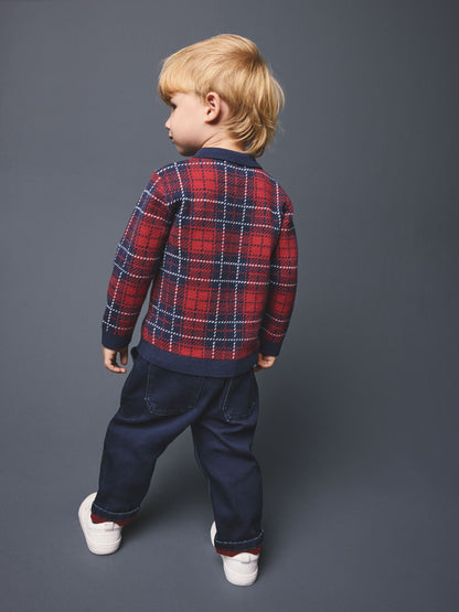 Red Popper Neck Check Polo Shirt (3mths-7yrs) - image 3