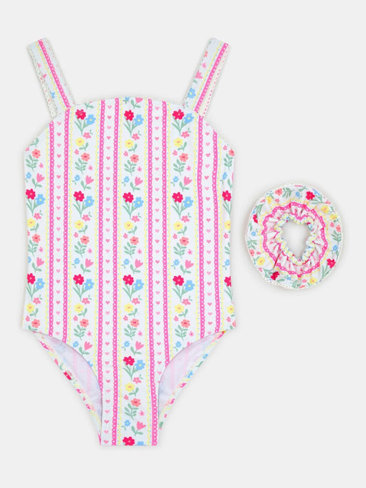 Dsiney Kidz - Angels By Accessorize Pink Girls Floral Print Swimsuit & Hair Scrunchie Set image 1