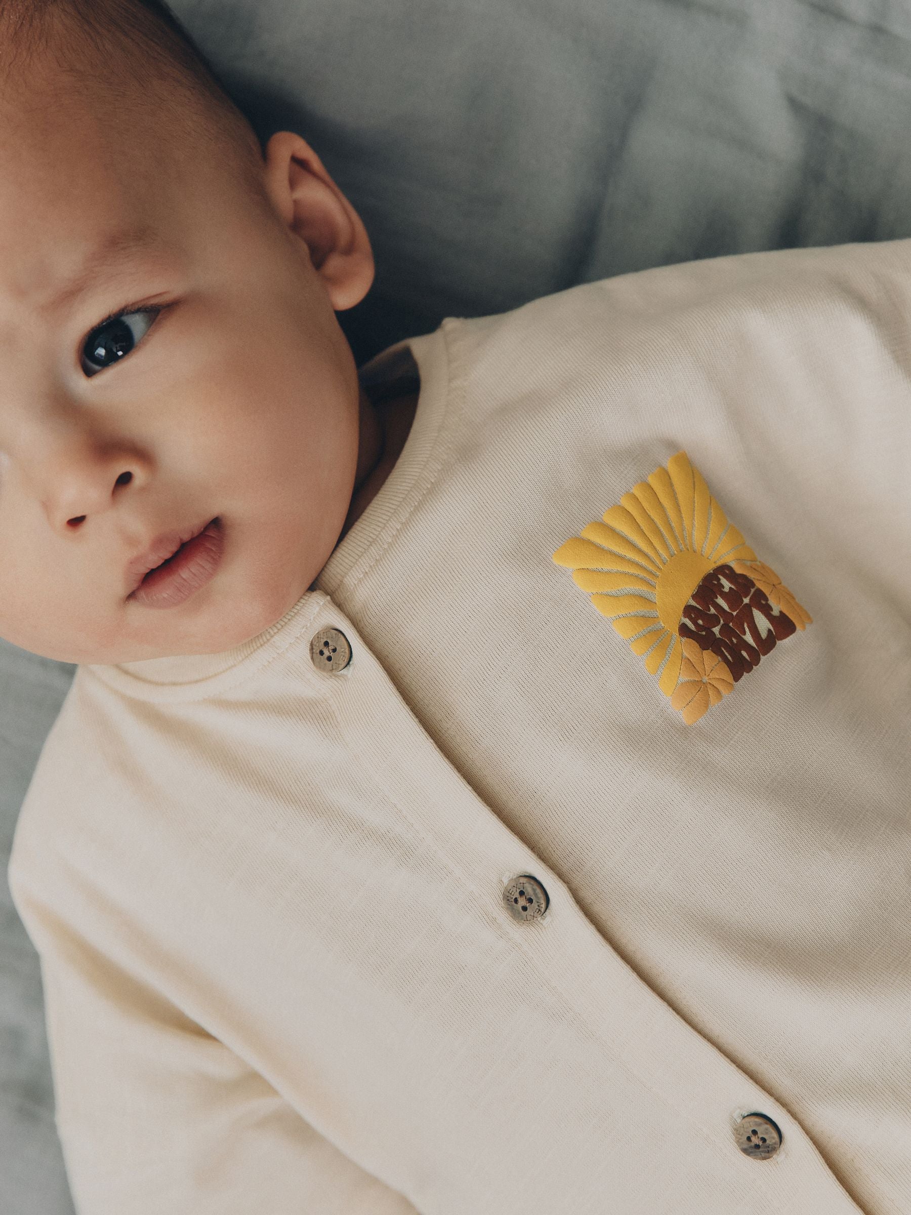 Neutral Sunshine Seminal Printed Button Through Baby Romper image 4
