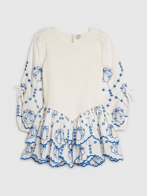 River Island White Long Sleeve Embroidered Shirred Dress image 1