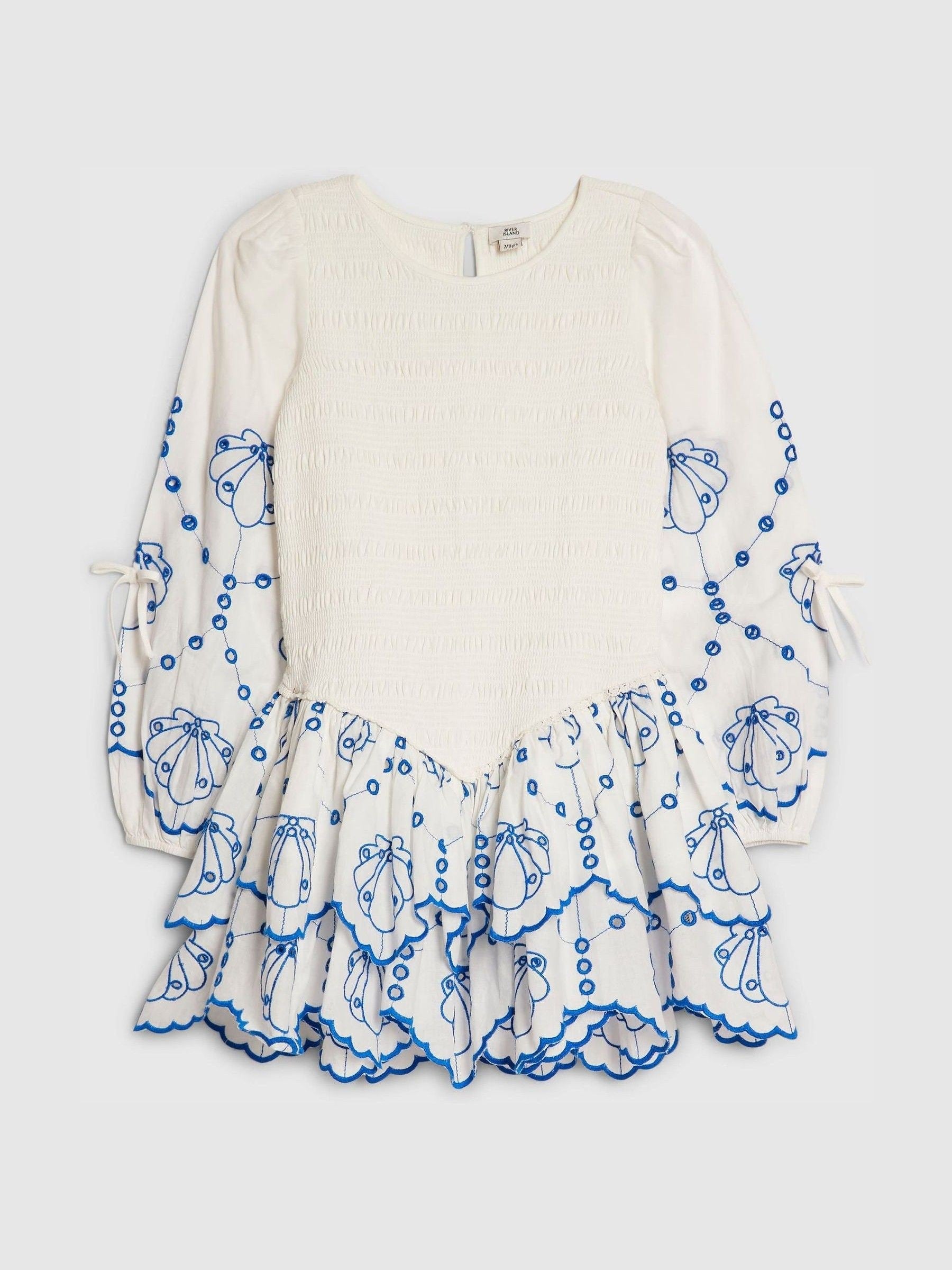 River Island White Long Sleeve Embroidered Shirred Dress image 1