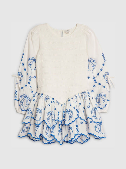 River Island White Long Sleeve Embroidered Shirred Dress image 1