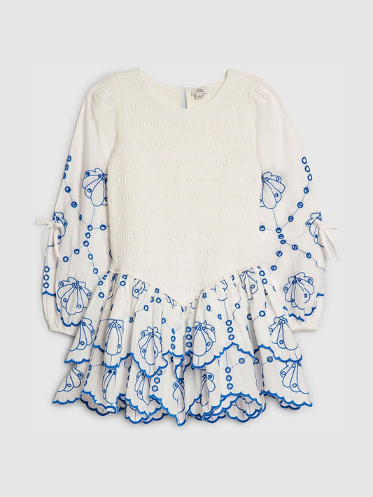 River Island White Long Sleeve Embroidered Shirred Dress image 1