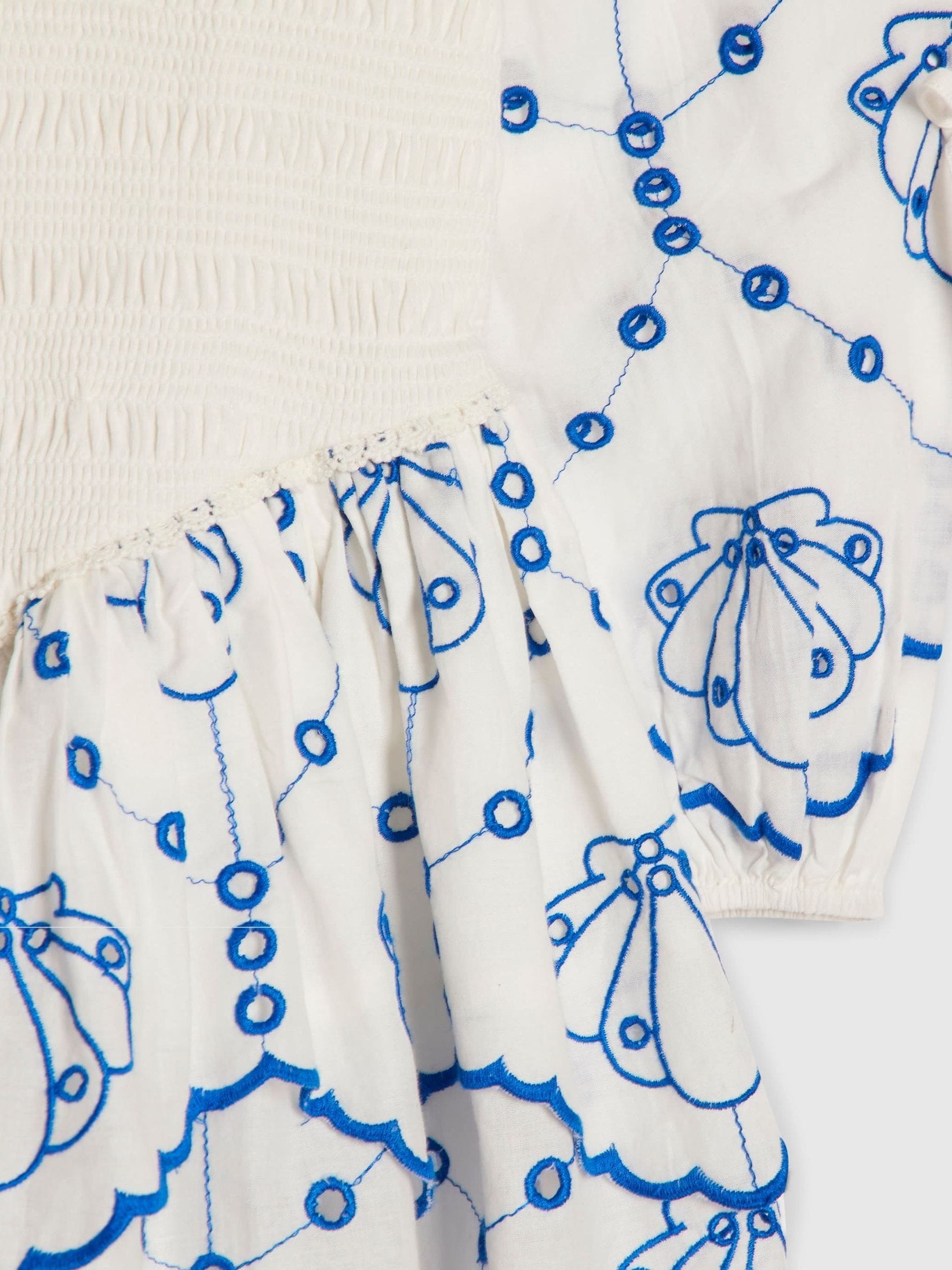 River Island White Long Sleeve Embroidered Shirred Dress image 3