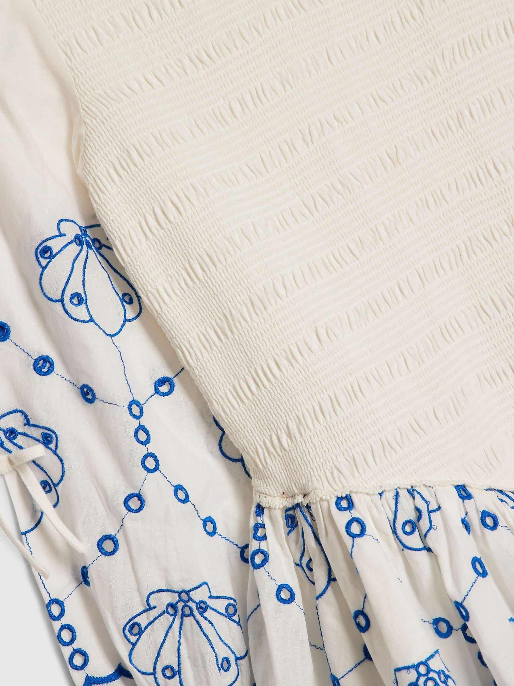River Island White Long Sleeve Embroidered Shirred Dress image 4