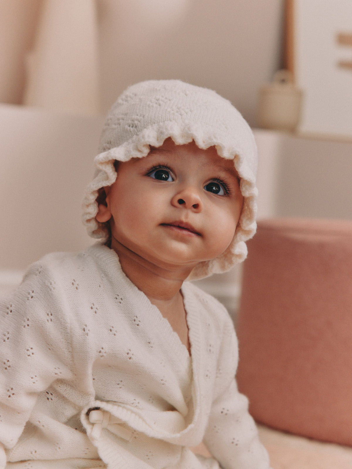 White Knitted Frill Baby Hat - image 1
