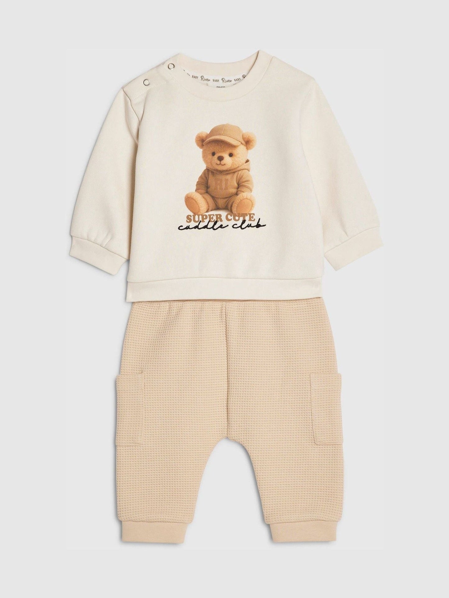 River Island Cream Super Cute Bear Sweatshirt & Jogger Set image 1