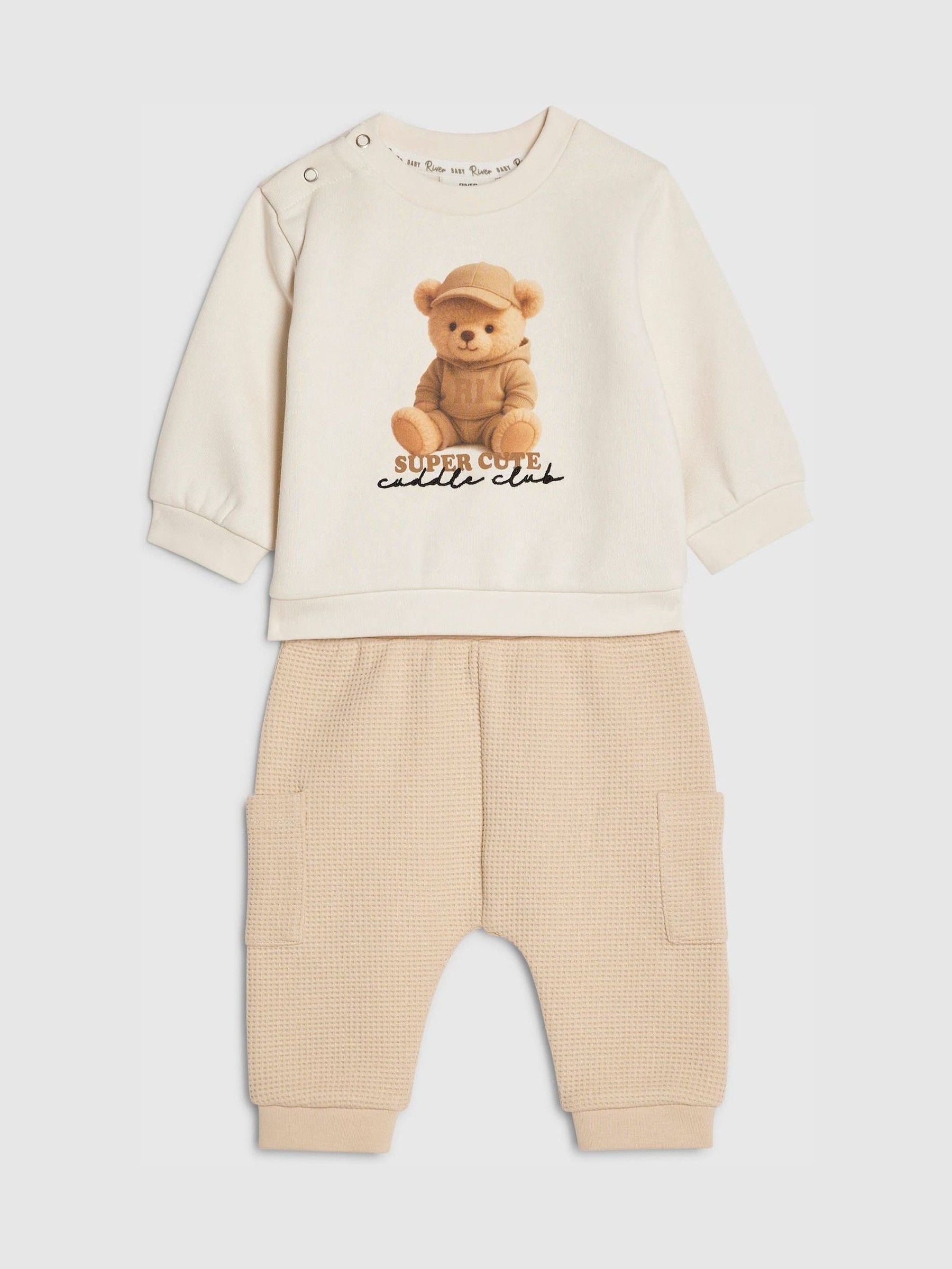 River Island Cream Super Cute Bear Sweatshirt & Jogger Set image 1