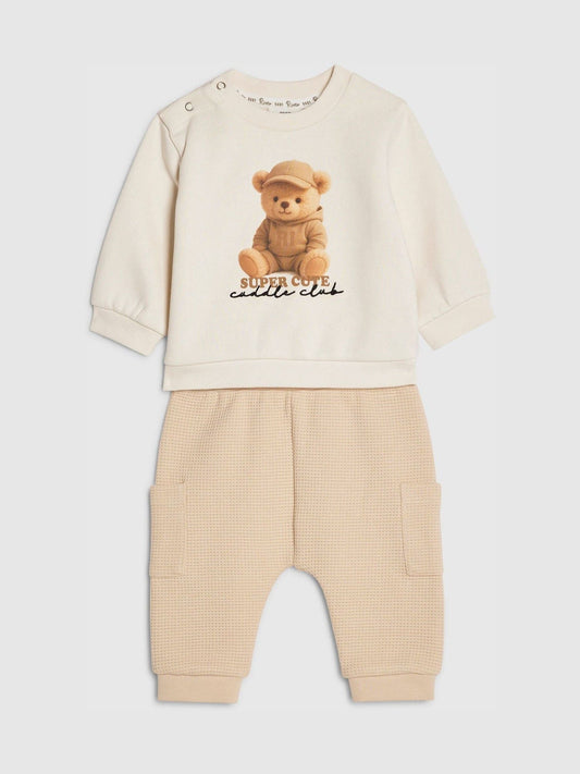 River Island Cream Super Cute Bear Sweatshirt & Jogger Set image 1