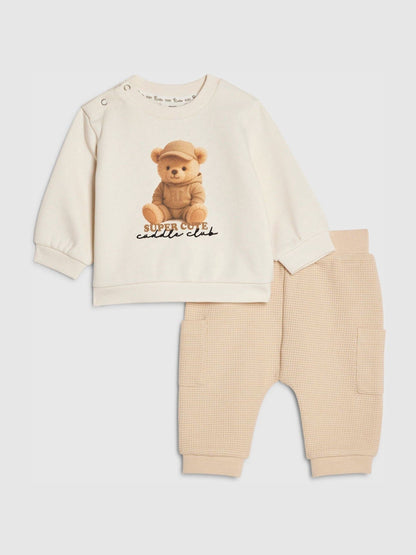 River Island Cream Super Cute Bear Sweatshirt & Jogger Set image 2