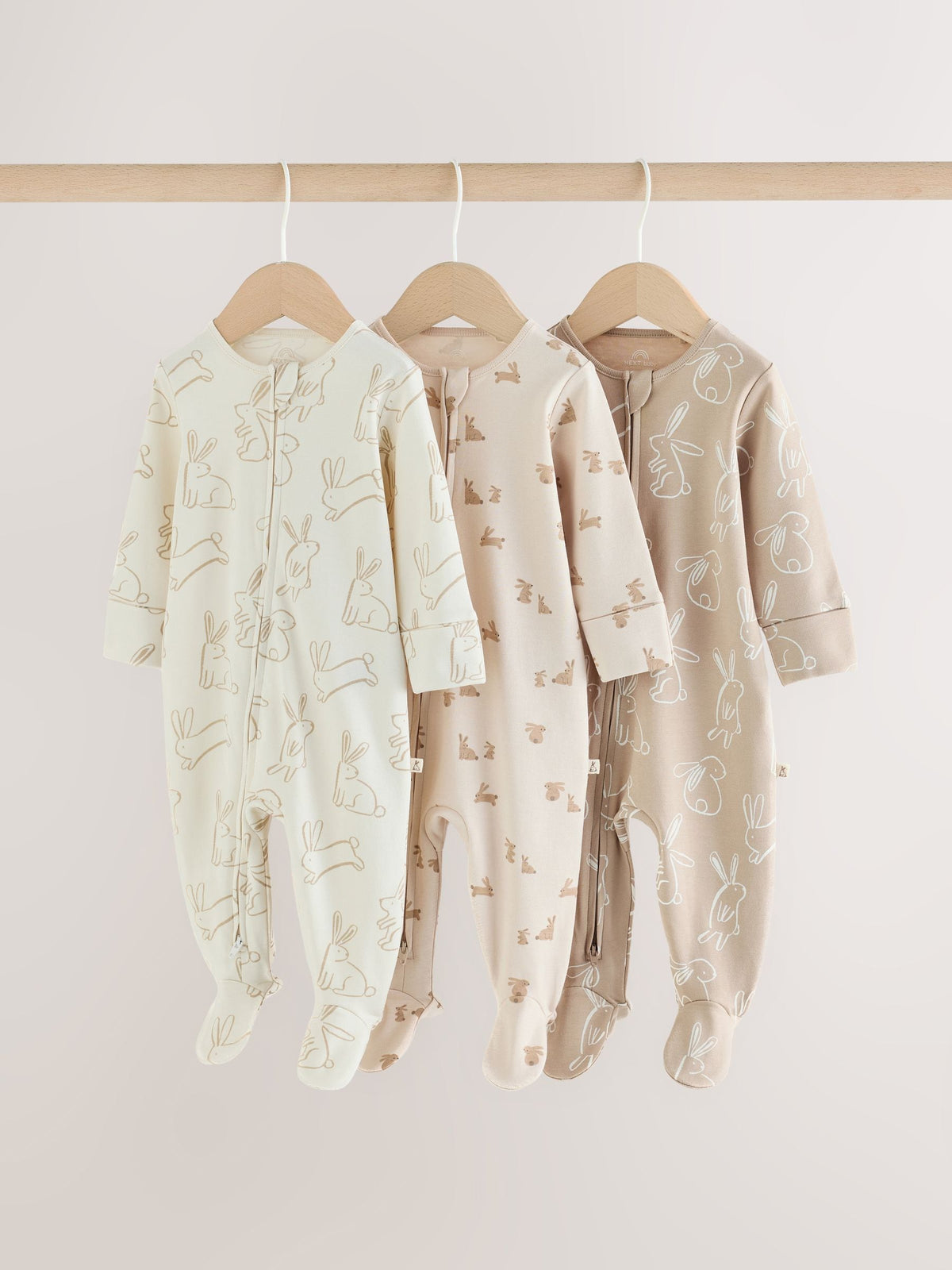 Neutral Bunny Two Way Zip Baby Sleepsuits 3 Pack (0-2yrs) - image 1