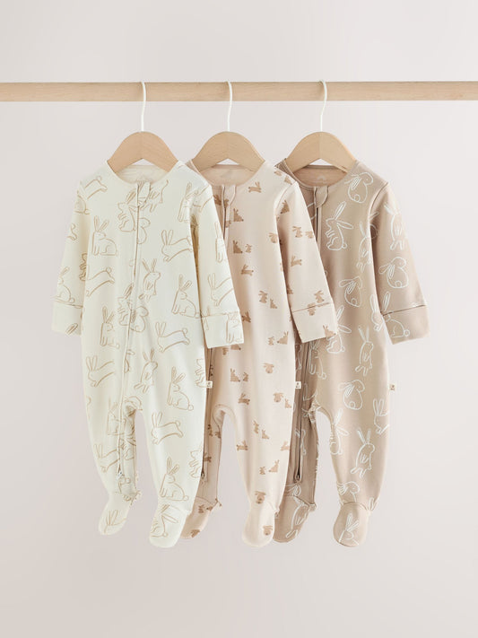 Neutral Bunny Two Way Zip Baby Sleepsuits 3 Pack (0-2yrs) - image 1