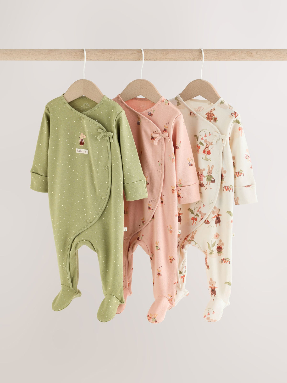 Pink/Green Bunny Wrap Baby Sleepsuits 3 Pack (0mths-3yrs) - image 1