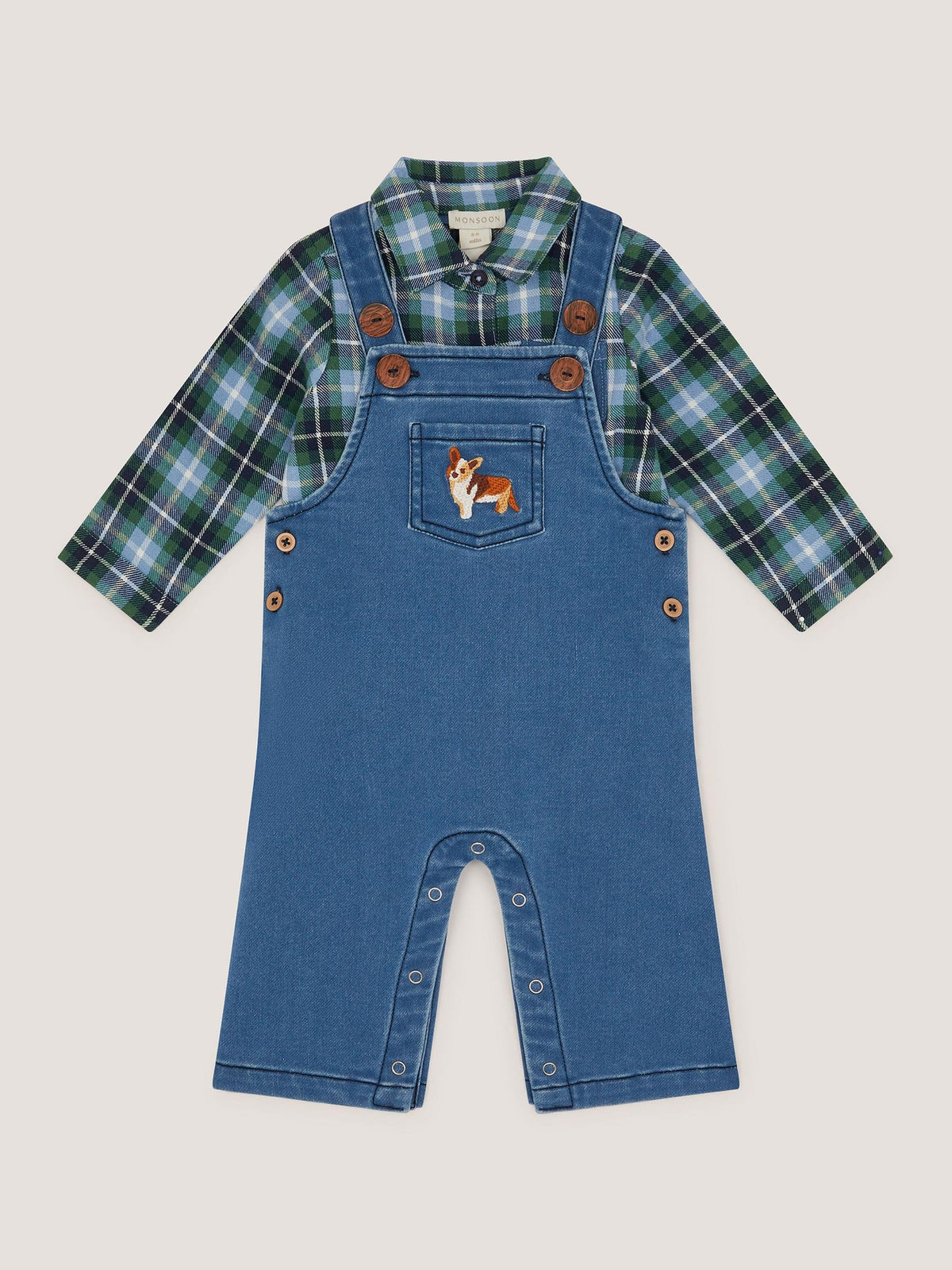 Monsoon Blue Baby Digby Denim Dungaree & Shirt Set image 1