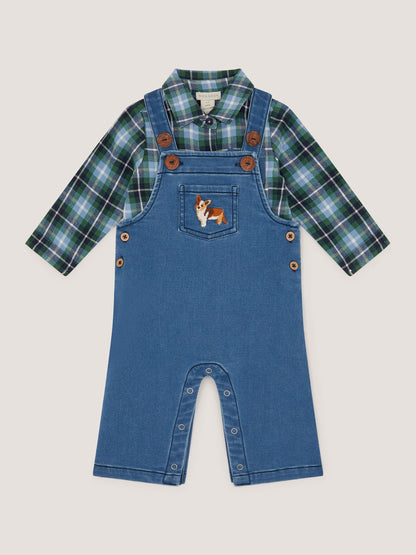 Monsoon Blue Baby Digby Denim Dungaree & Shirt Set image 1