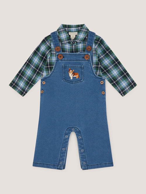 Monsoon Blue Baby Digby Denim Dungaree & Shirt Set image 1