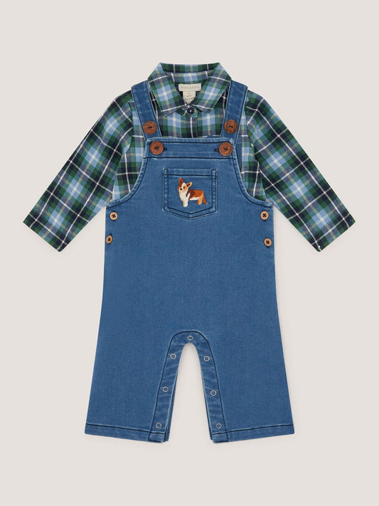 Monsoon Blue Baby Digby Denim Dungaree & Shirt Set image 1