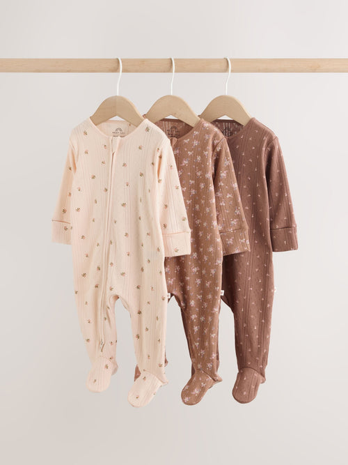 Brown Ditsy Floral Two Way Zip Baby Sleepsuits 3 Pack (0-3yrs) image 1