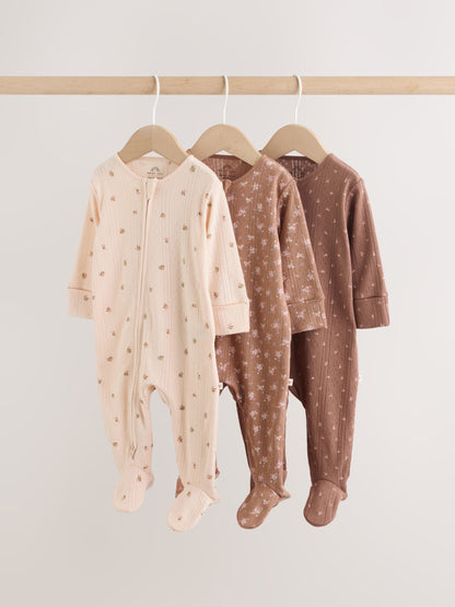 Brown Ditsy Floral Two Way Zip Baby Sleepsuits 3 Pack (0-3yrs) image 1