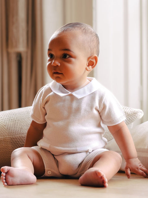 Emile Et Rose Natural Logan Knitted Romper With Mock Pockets & Collar image 1