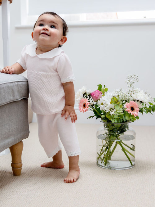 Emile Et Rose Pink Laura - Knitted Crocheted Hems & Embroidered Collar Top & Shorts Set 2 Piece image 1