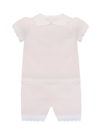 Emile Et Rose Pink Laura - Knitted Crocheted Hems & Embroidered Collar Top & Shorts Set 2 Piece image 2