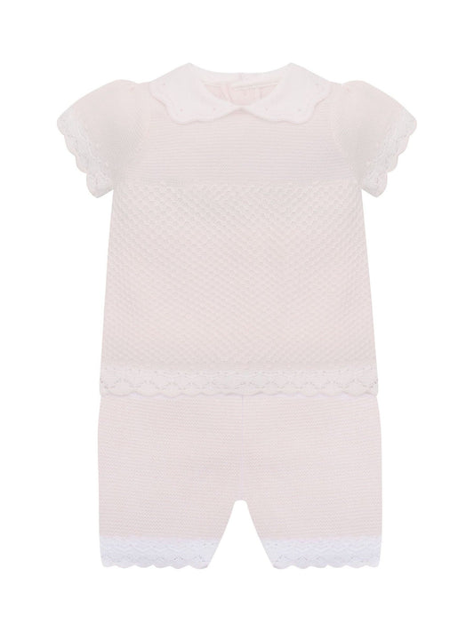 Emile Et Rose Pink Laura - Knitted Crocheted Hems & Embroidered Collar Top & Shorts Set 2 Piece image 2