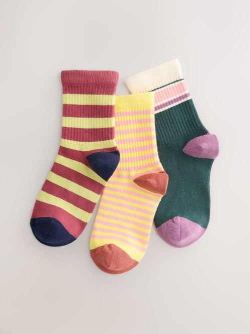 Navy Blue, Yellow and Plum Red Cotton Rich Stripe Ankle Socks 3 Pack image 1