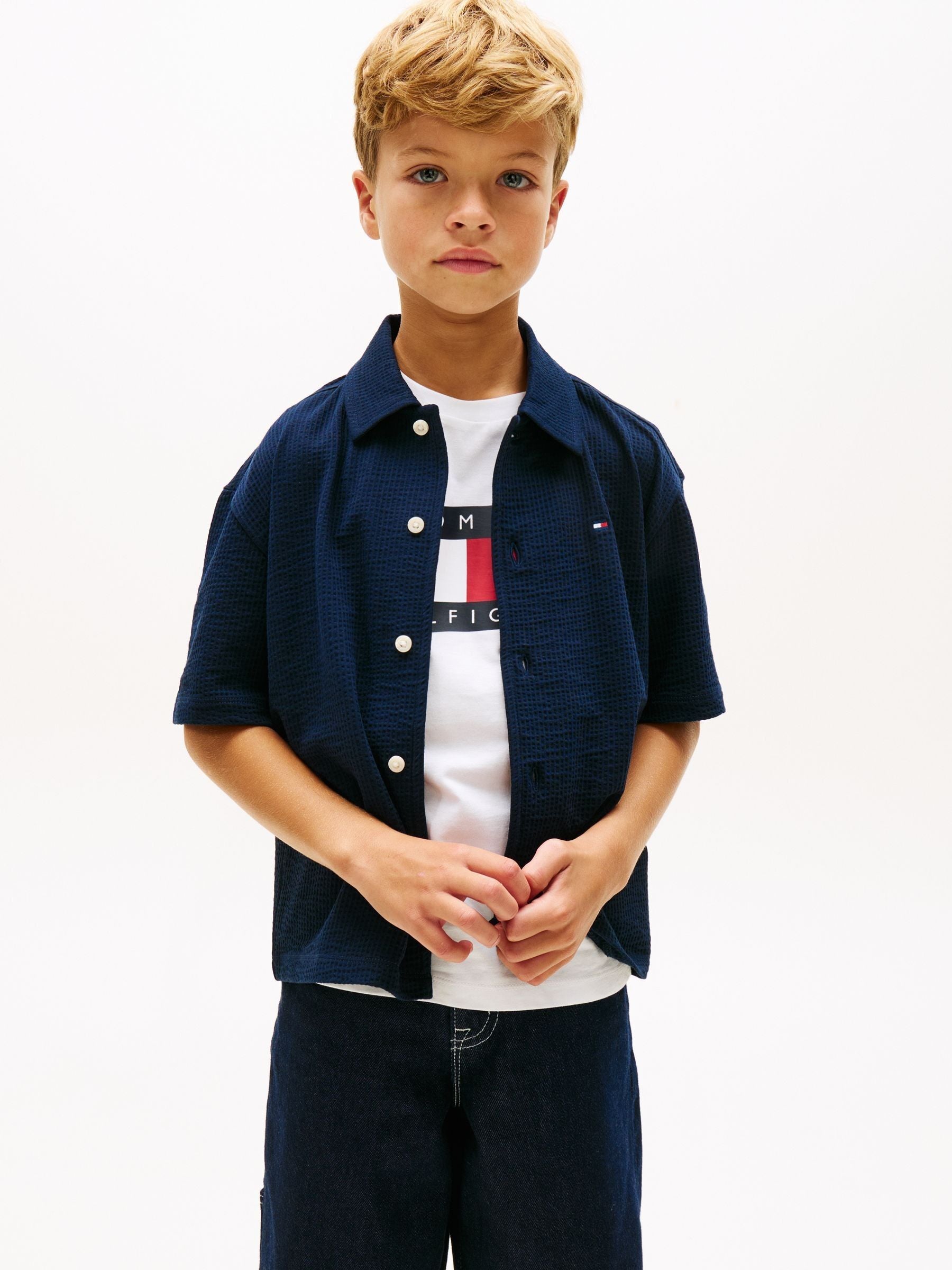 Dsiney Kidz - Tommy Hilfiger Navy Blue Relaxed Fit Seersucker Short Sleeve Shirt image 1