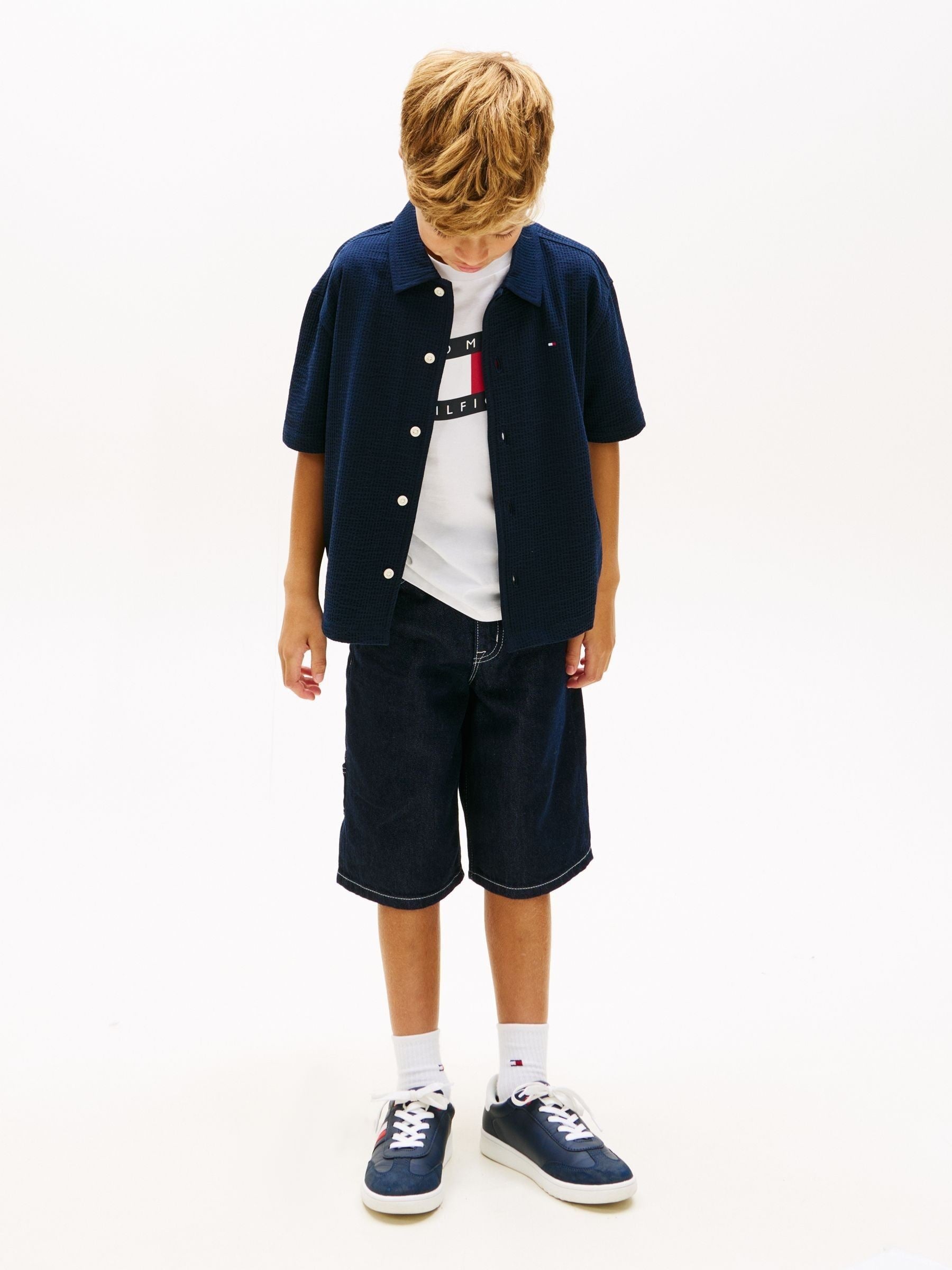 Dsiney Kidz - Tommy Hilfiger Navy Blue Relaxed Fit Seersucker Short Sleeve Shirt image 2