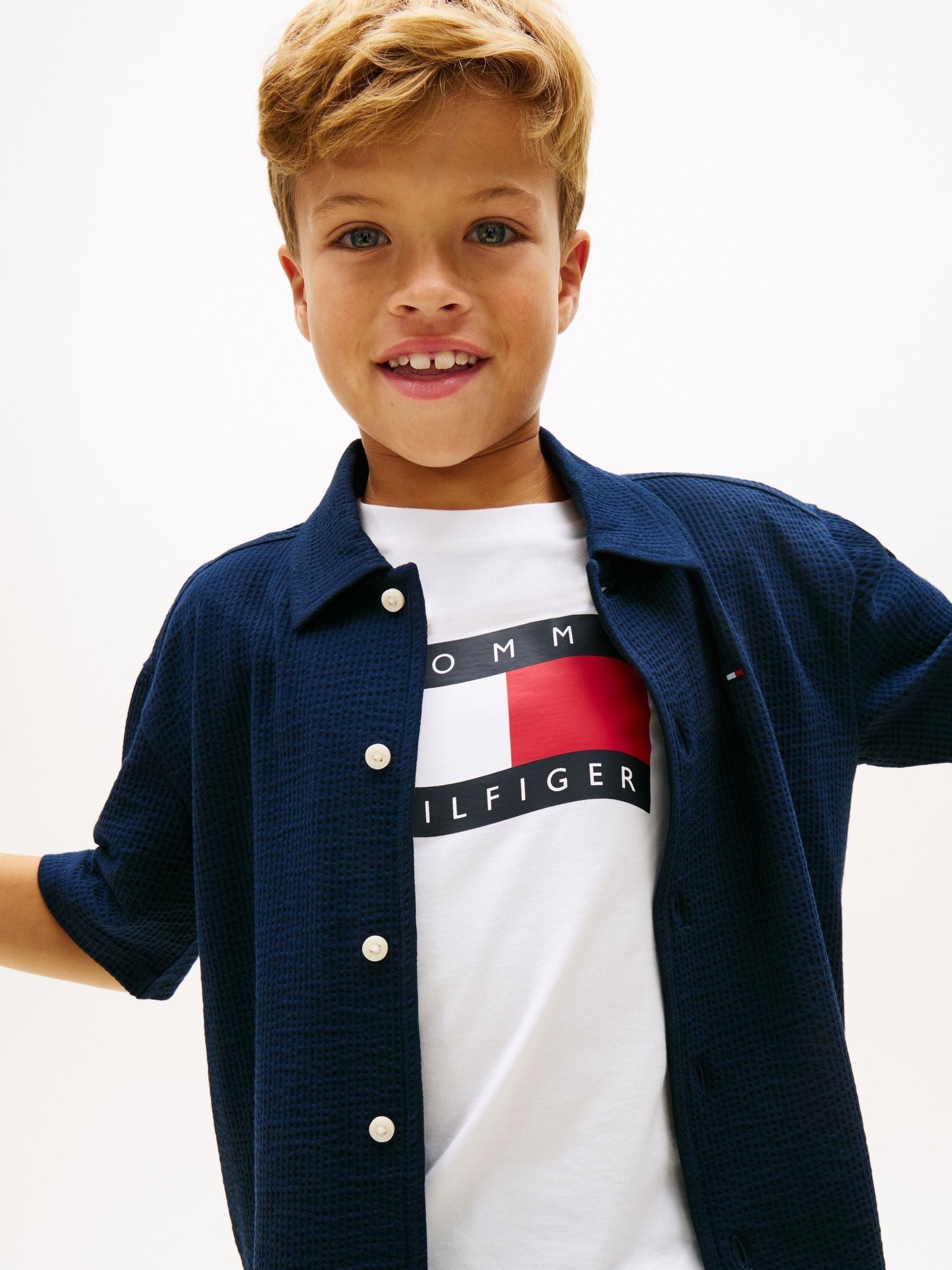 Dsiney Kidz - Tommy Hilfiger Navy Blue Relaxed Fit Seersucker Short Sleeve Shirt image 4