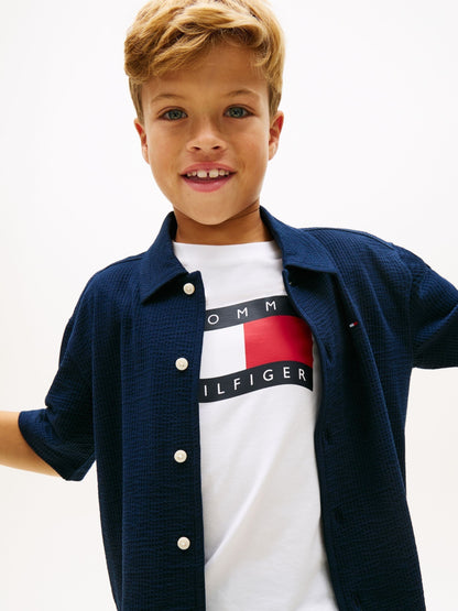 Dsiney Kidz - Tommy Hilfiger Navy Blue Relaxed Fit Seersucker Short Sleeve Shirt image 4