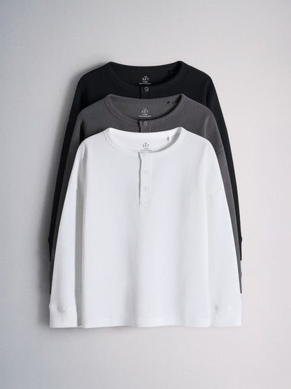 Dsiney Kidz - The Set Long Sleeve Waffle Henley T-Shirts 3 Pack Black/Grey image 1