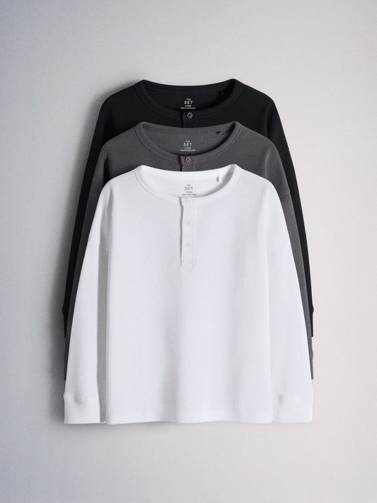 Dsiney Kidz - The Set Long Sleeve Waffle Henley T-Shirts 3 Pack Black/Grey image 1