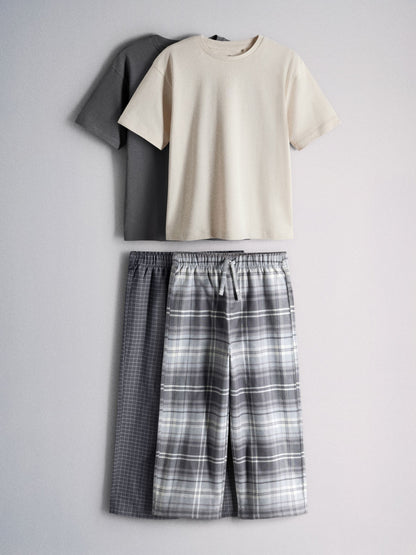 The Set 2 Pack Short Sleeve Long Check Bottom Pyjamas Grey - image 1