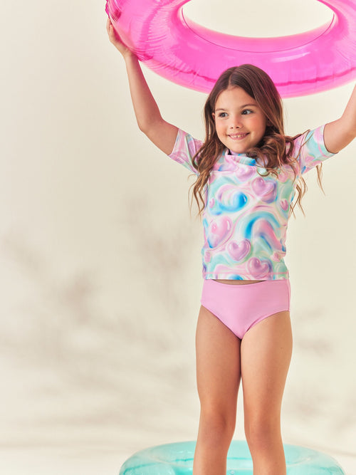 Dsiney Kidz - Pink/Blue Bubble Heart Short Sleeve Sunsafe  Rash Vest And Pant Swim Set (3-16yrs) image 1