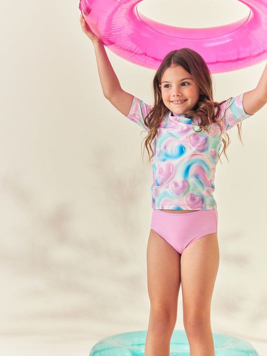Dsiney Kidz - Pink/Blue Bubble Heart Short Sleeve Sunsafe  Rash Vest And Pant Swim Set (3-16yrs) image 1