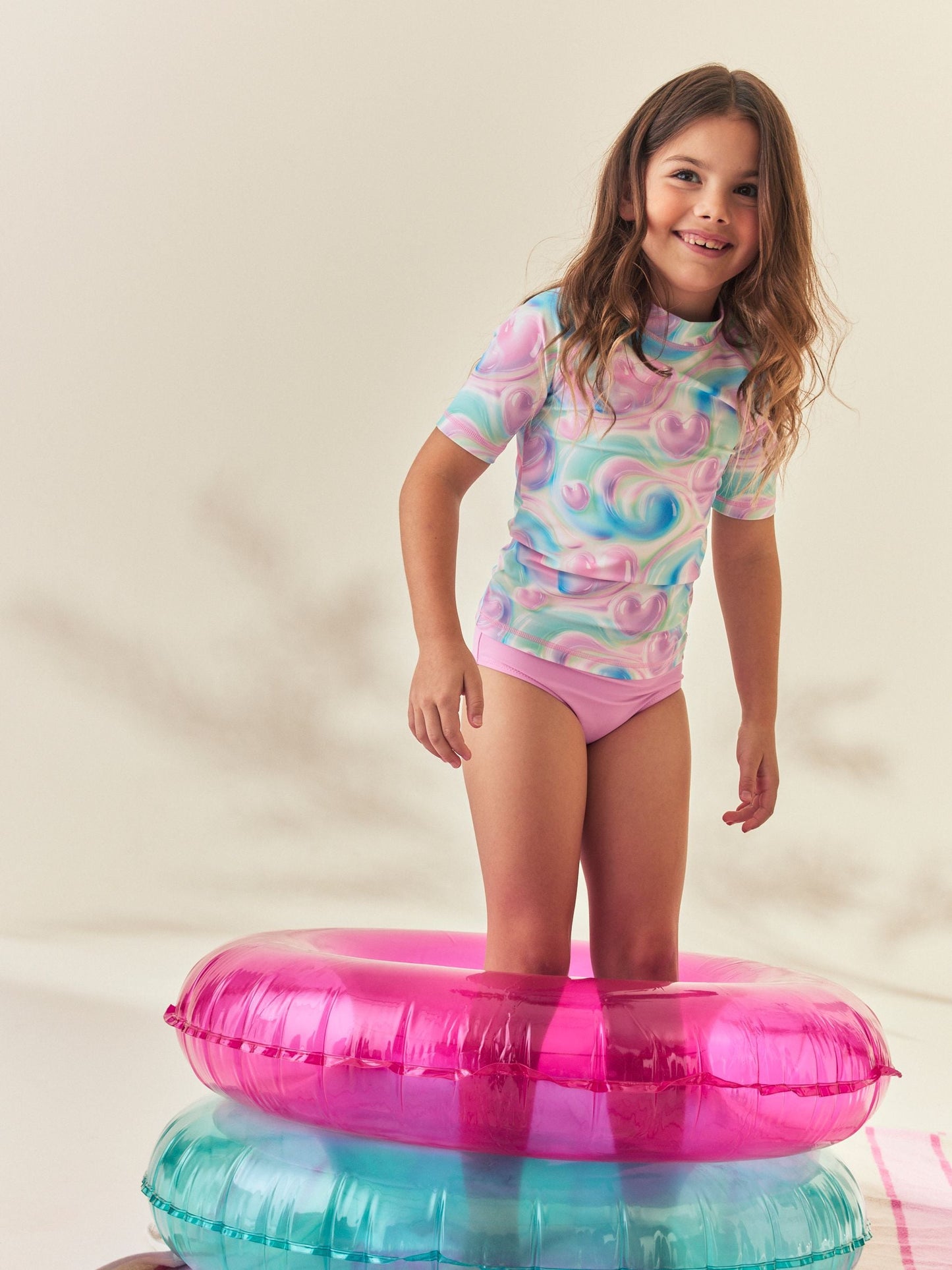 Dsiney Kidz - Pink/Blue Bubble Heart Short Sleeve Sunsafe  Rash Vest And Pant Swim Set (3-16yrs) image 2