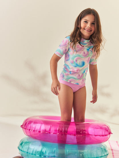 Dsiney Kidz - Pink/Blue Bubble Heart Short Sleeve Sunsafe  Rash Vest And Pant Swim Set (3-16yrs) image 2
