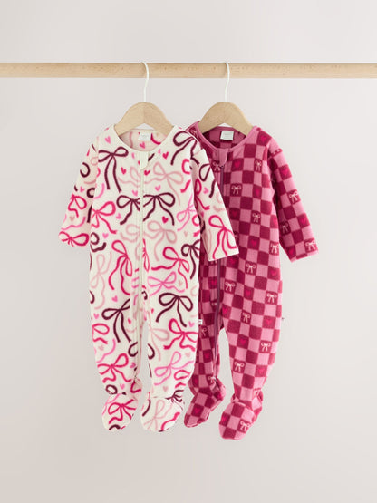 Pink/Red Bow Micro Fleece Two Way Zip Baby Sleepsuits 2 Pack - image 1