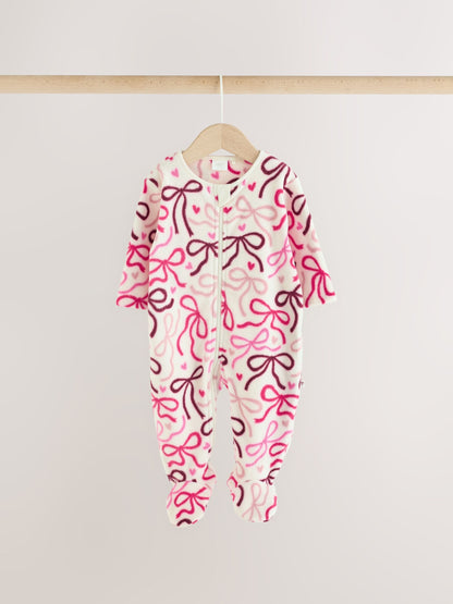 Pink/Red Bow Micro Fleece Two Way Zip Baby Sleepsuits 2 Pack - image 2