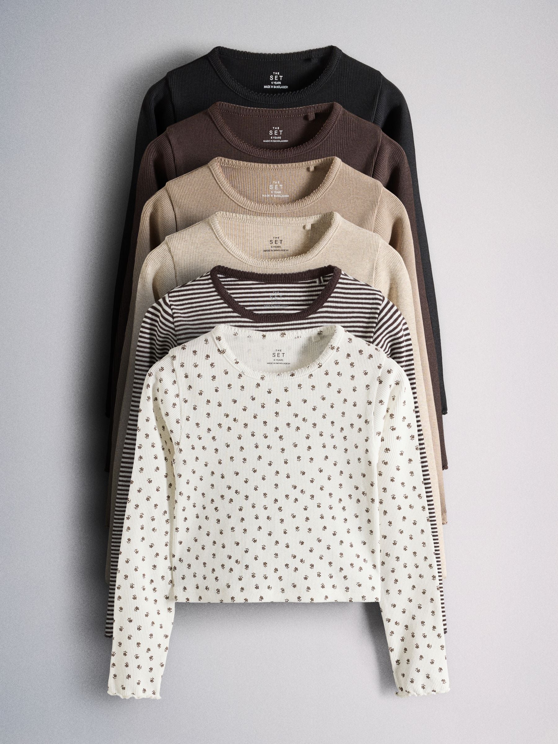 Dsiney Kidz - The Set 6 Pack Long Sleeve Cropped Rib Jersey T-Shirts Stripe/Chocolate Brown/Light Brown/Cream image 1