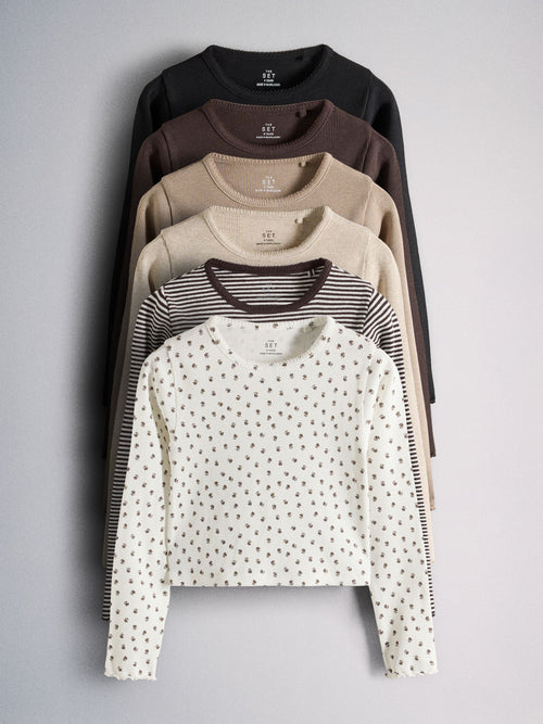 Dsiney Kidz - The Set 6 Pack Long Sleeve Cropped Rib Jersey T-Shirts Stripe/Chocolate Brown/Light Brown/Cream image 1