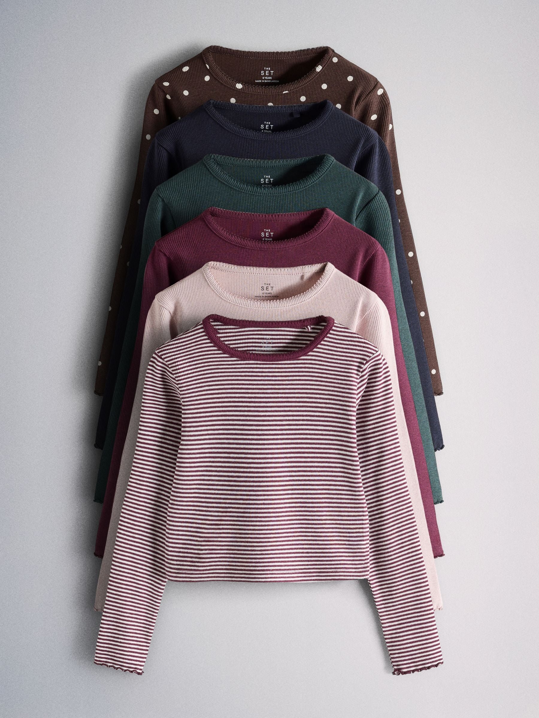 Dsiney Kidz - The Set 6 Pack Long Sleeve Cropped Rib Jersey T-Shirts Pink/Burgandy Red/Stripe/Floral Print image 1