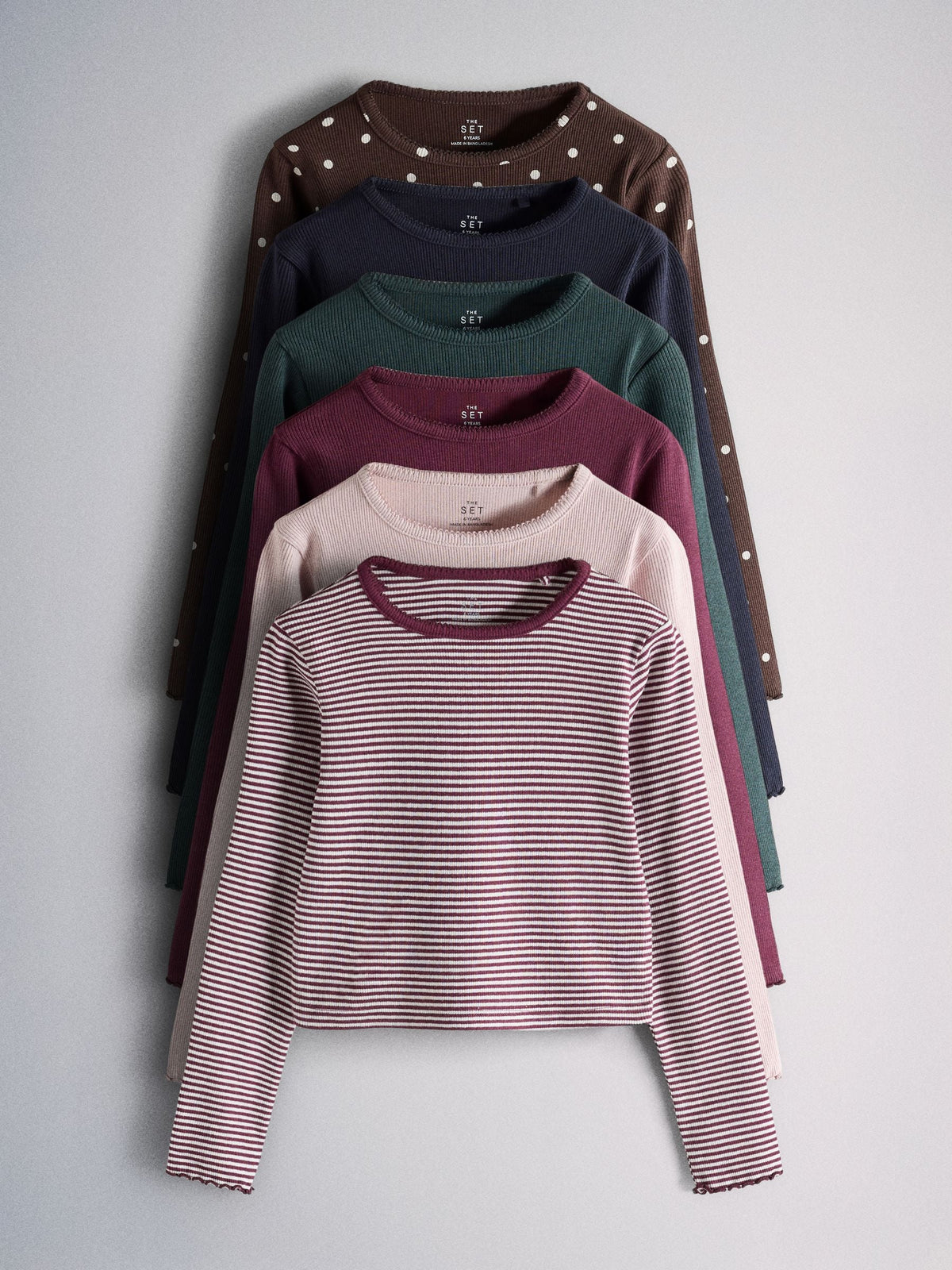 Dsiney Kidz - The Set 6 Pack Long Sleeve Cropped Rib Jersey T-Shirts Pink/Burgandy Red/Stripe/Floral Print image 1