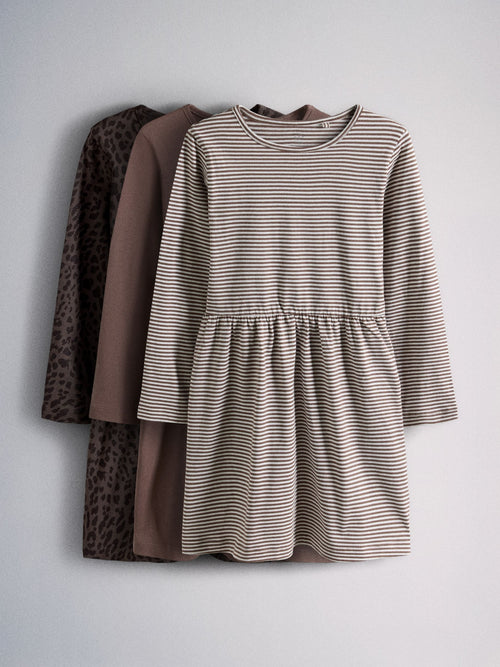 Dsiney Kidz - The Set 3 Pack Long Sleeve Jersey Skater Dress Chocolate Brown Animal Print/Neutral Stripe image 1