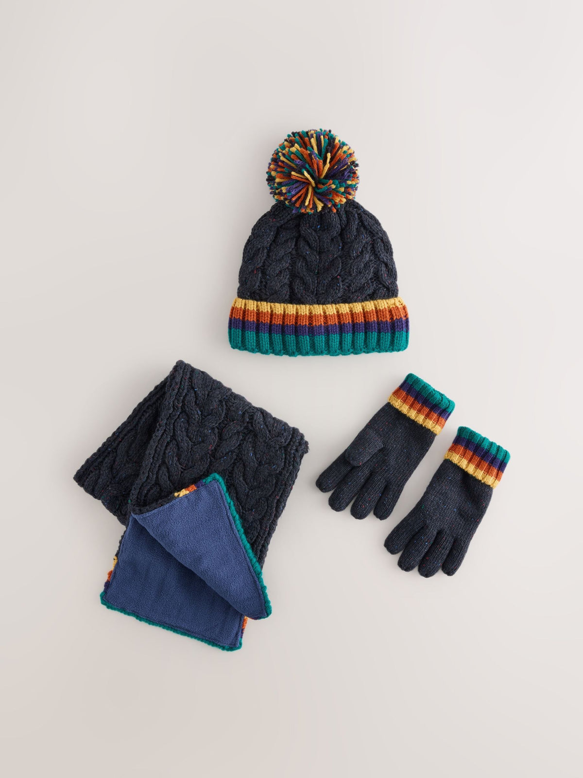 Navy/Rainbow Cable Beanie Scarf and Gloves Set (3-16yrs) - image 1