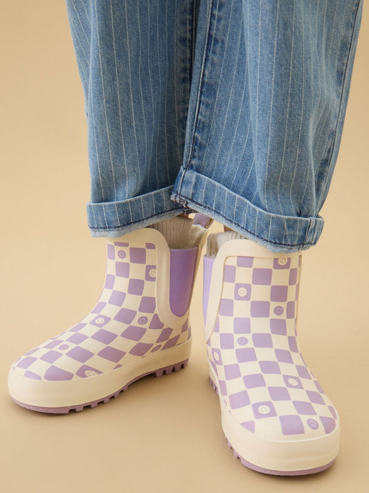 KIDLY by MORI Purple Warm Waterproof Fur-Lined Ankle Wellie Boots Check image 1