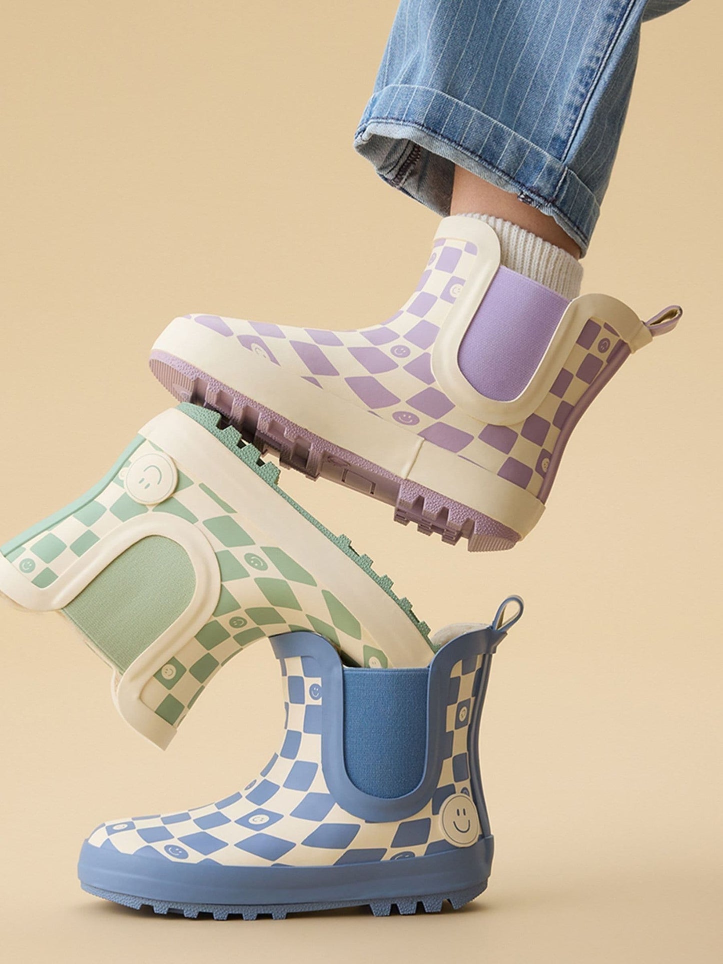 KIDLY by MORI Purple Warm Waterproof Fur-Lined Ankle Wellie Boots Check image 3